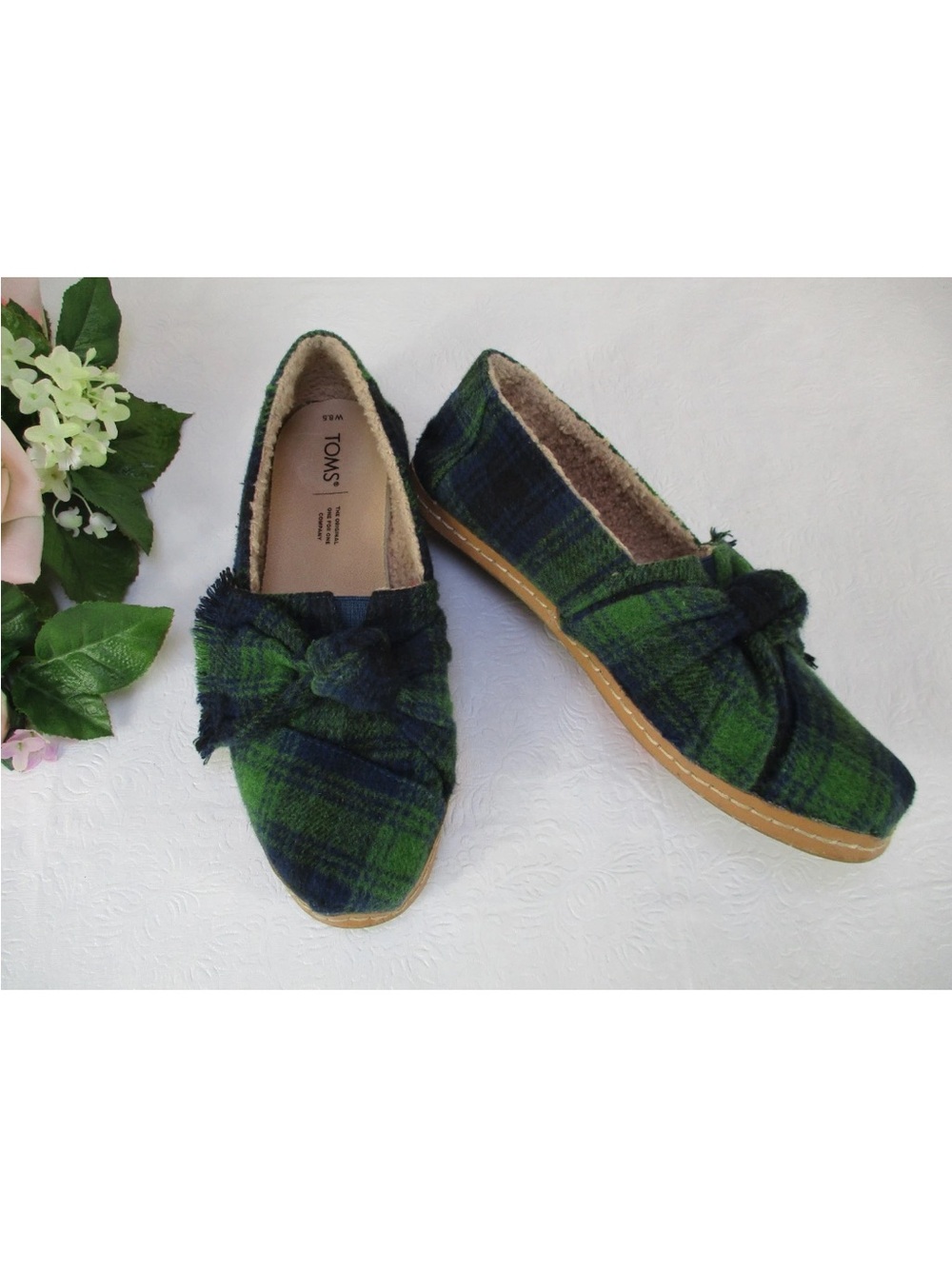 TOMS Green and Navy Plaid Bow Slip-On Flats